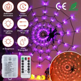 1Pc 3.28FT Spider Web Light with Hairy Spider 70LED Battery Powered Remote Control 8 Lighting Modes Glowing Outdoor Indoor Wall Halloween Decoration (Light Color: Purple Light)