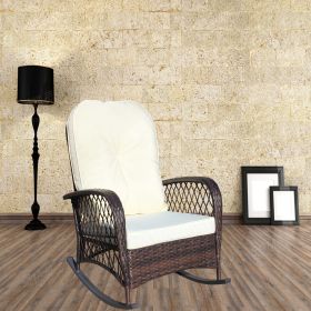 Outdoor Wicker Rocking Chair with Wide Seat, Thick, Soft Cushion, Rattan Rocker w/Steel Frame, High Weight Capacity for Patio, Garden, Backyard (Color: as Pic)