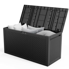 90 Gallon Black Plastic Storage Deck Box with Maze Texture Injection Molded Outdoor Patio Storage Container for Garden Tools Cushions Pool Supplies an (Color: black)
