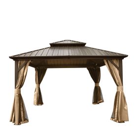 Hardtop Gazebo, Aluminum Metal Gazebo with Galvanized Steel Double Roof Canopy, Curtain and Netting, Permanent Gazebo Pavilion for Party (size: 12'X12X)