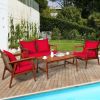 4 Pieces Acacia Wood Patio Rattan Furniture Set with Zippered Cushions